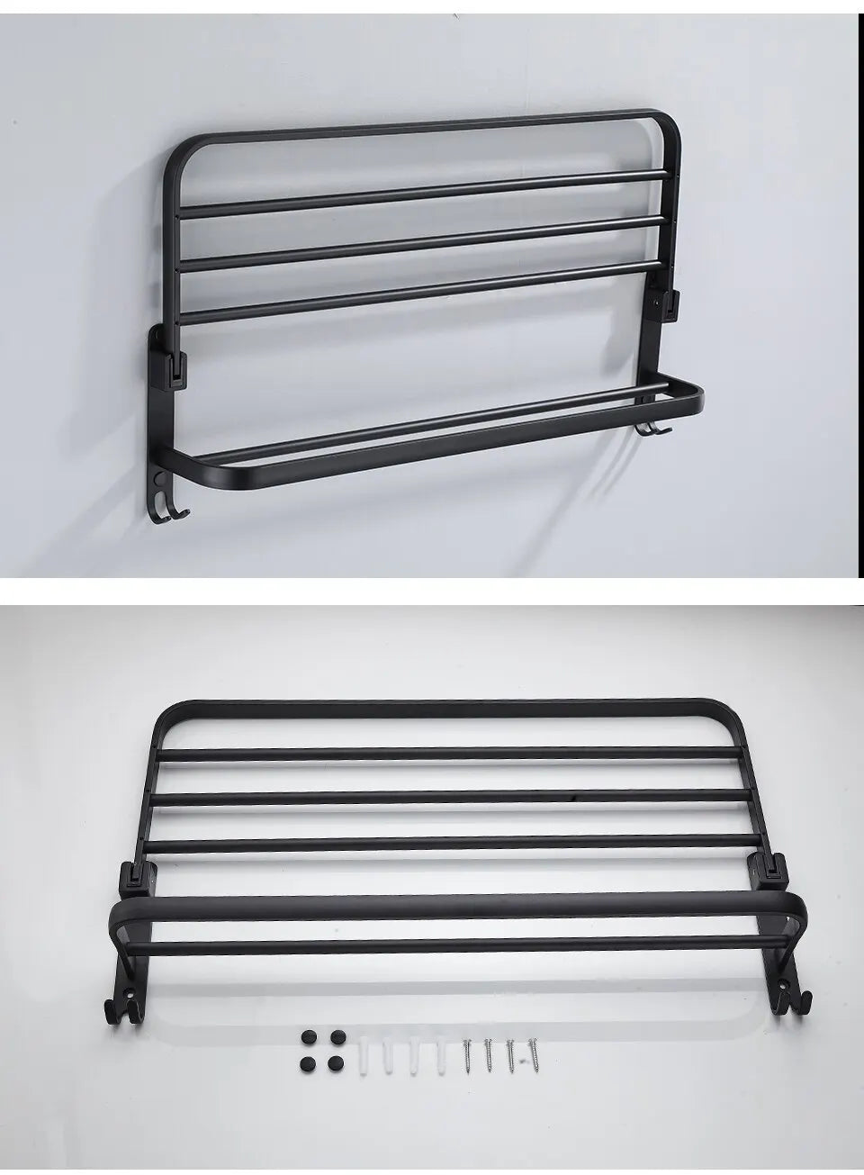 Soporte plegable negro mate de 50cm con gancho, soporte para toallas de pared, soporte para toallas de aluminio