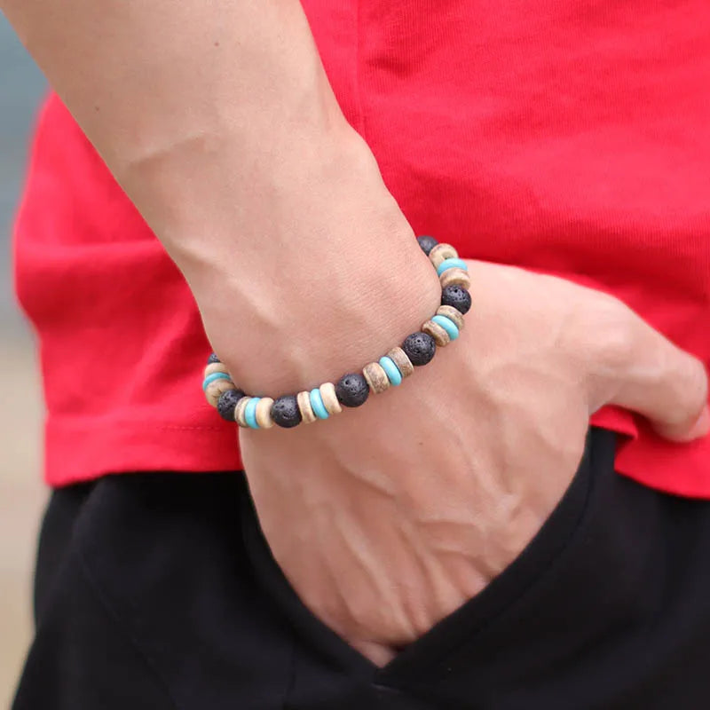 Pulsera de cuentas de madera Vintage para hombre, brazalete de piedra de obsidiana de Lava Natural, joyería de oración para meditación y Yoga, pulsera de ojo de tigre para hombre