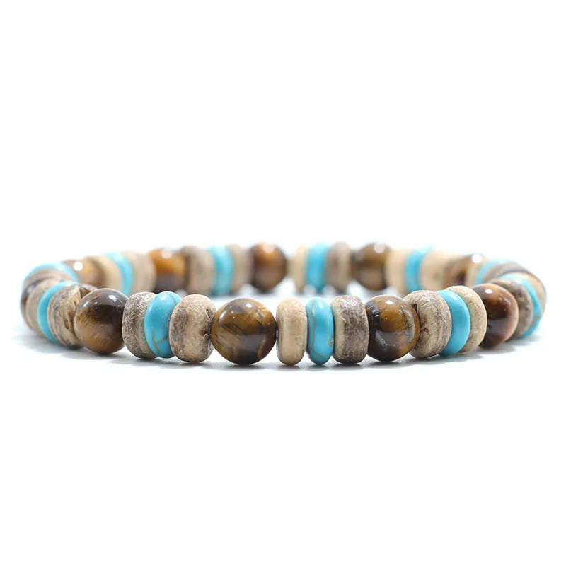 Pulsera de cuentas de madera Vintage para hombre, brazalete de piedra de obsidiana de Lava Natural, joyería de oración para meditación y Yoga, pulsera de ojo de tigre para hombre