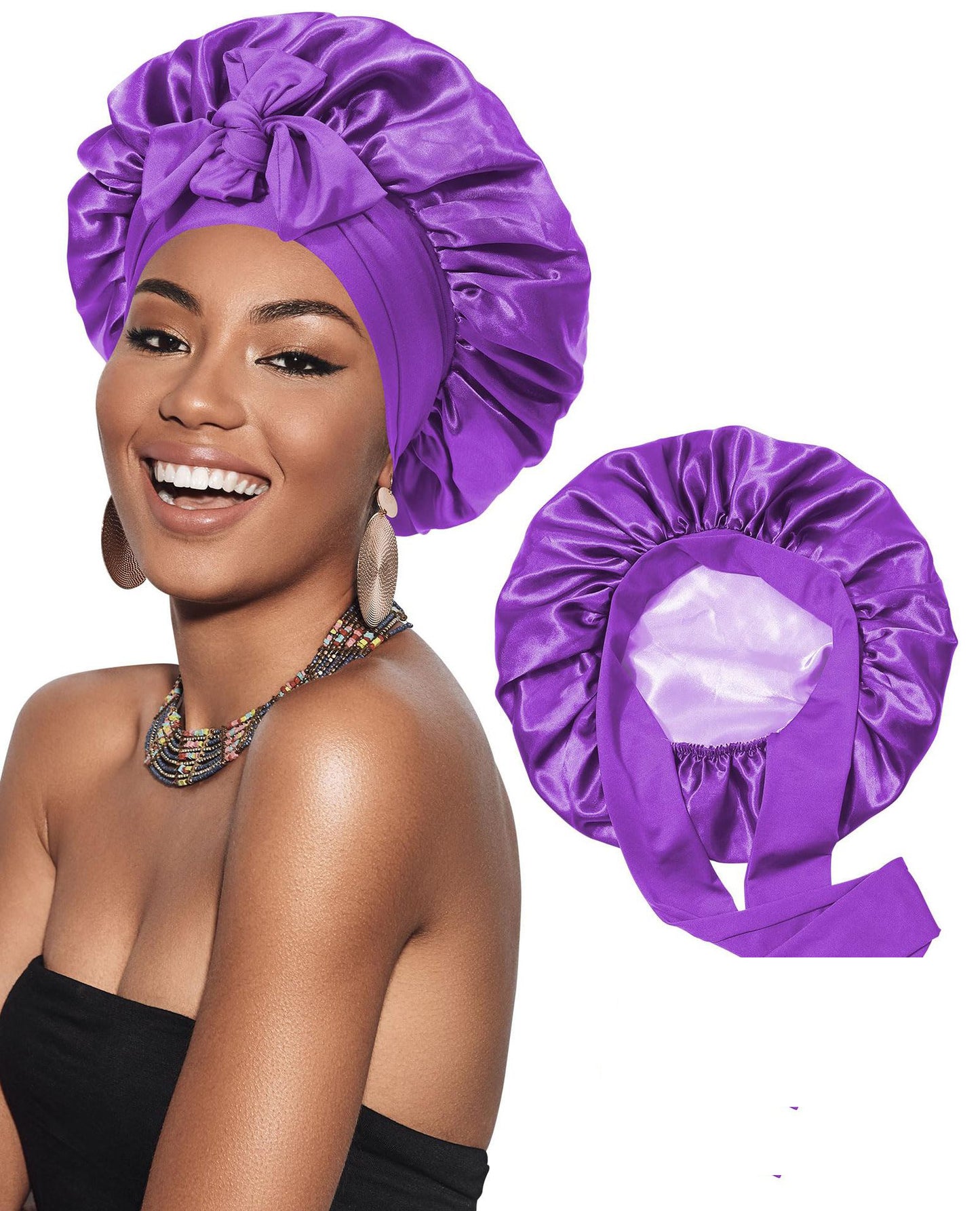 Gorro de pelo de satén de doble capa para dormir para mujer, gorros redondos para el cuidado del cabello, sombreros de noche, cubierta Reversible para la cabeza