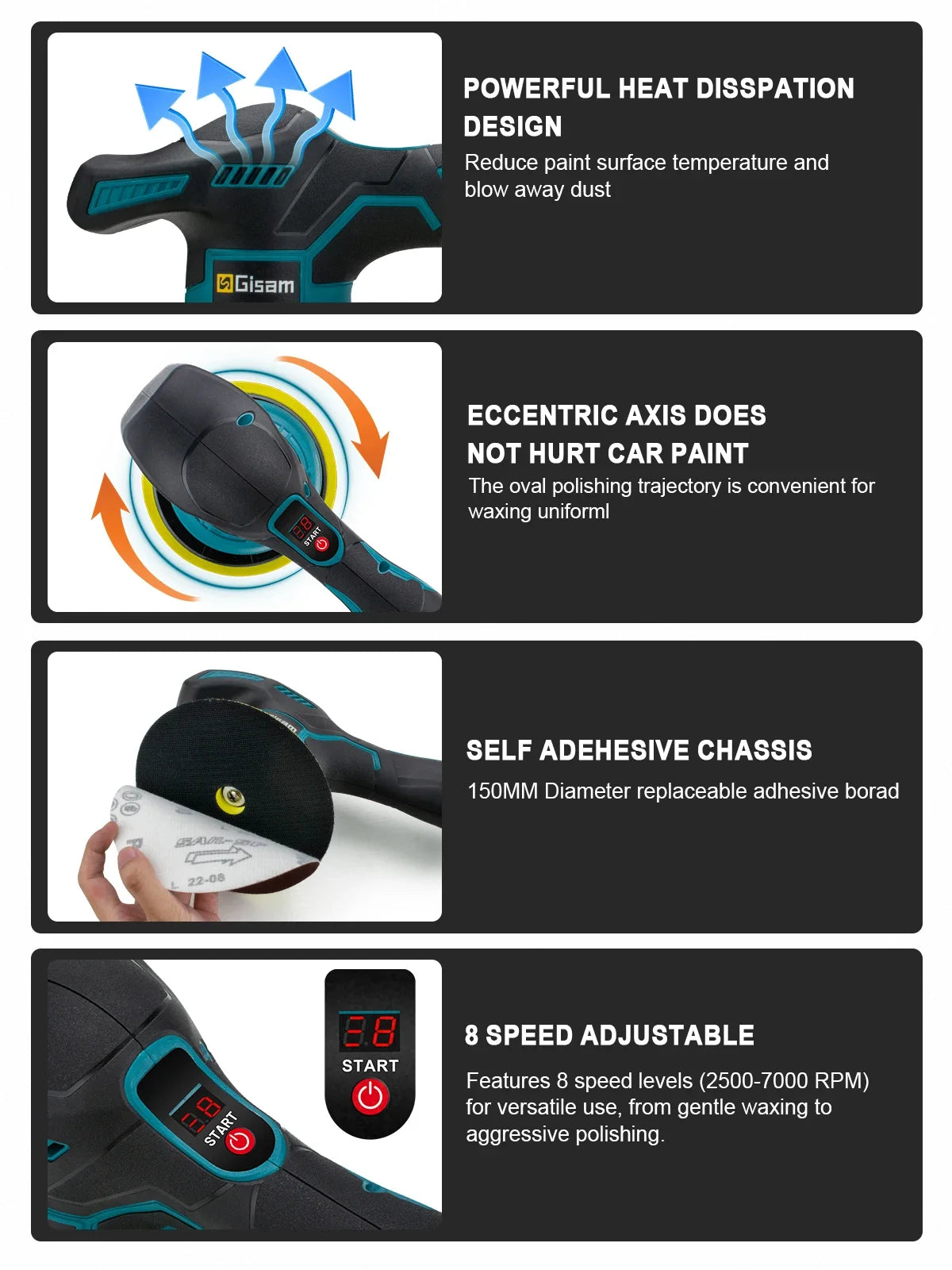 Gisam 8Gear Pulidora Digital Inalámbrica para Auto