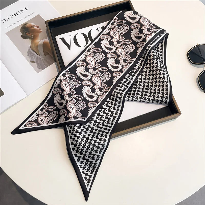 Nuevo Bufandas de seda estrechas de 14x147cm, pañuelo para camisa, patrón a cuadros de doble capa, bolso para el cuello con lazo, diadema para el pelo, pañuelo para la cabeza