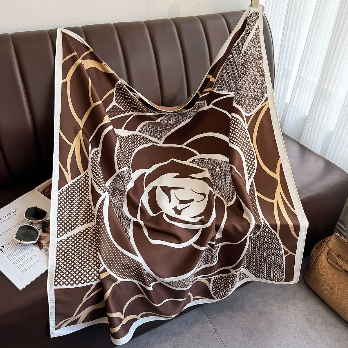 Bufanda cuadrada de 90x90Cm, sensación de sarga de seda, chales y chales para la cabeza para mujer, pañuelos para el cuello con estampado de árbol para el cabello de lujo, Hijab, Bandana Pashmina