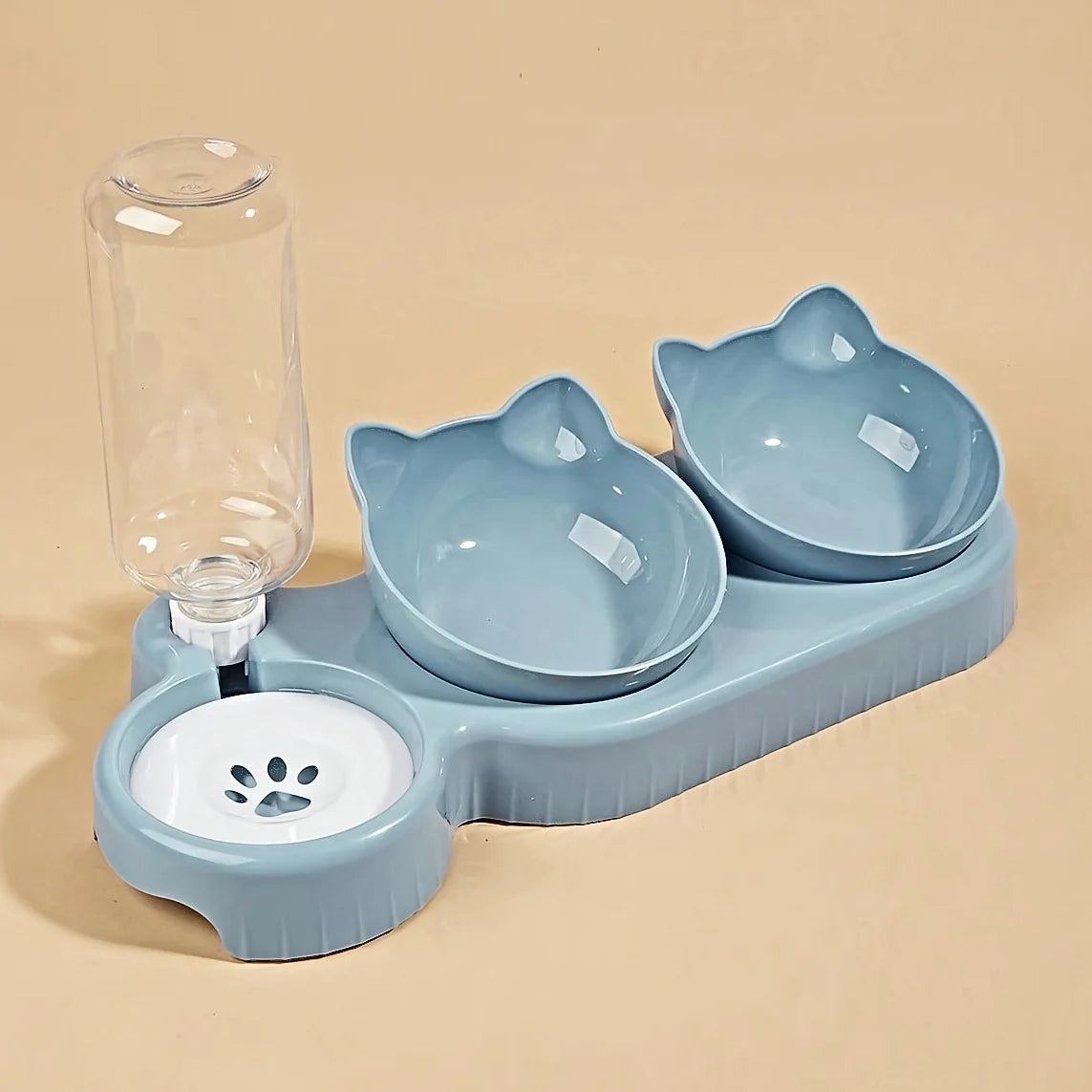 Cuencos para mascotas con alimentador de agua, diseño de oreja inclinado, juego de cuencos para agua y comida para gatos con botella de agua por gravedad para protección del cuello, 3 en 1