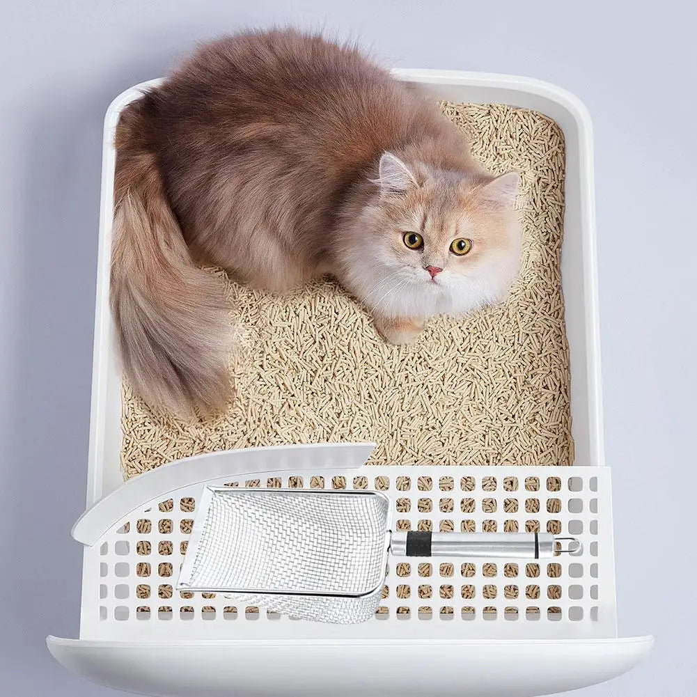 Pala de arena de acero para gatos, pala para excrementos de mascotas de poros finos para conejos, perros, herramientas de limpieza de inodoro, suministros para mascotas