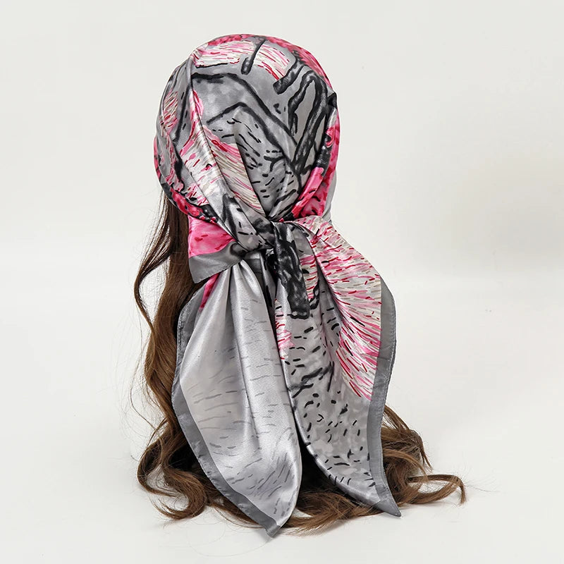 Bufanda cuadrada de satén para mujer, Hijab musulmán elegante, pañuelo de seda estampado 2025, chal, diadema, accesorios para el cabello con asa, Bandana