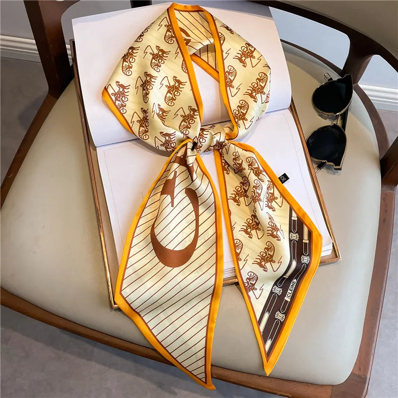 Nuevo Bufandas de seda estrechas de 14x147cm, pañuelo para camisa, patrón a cuadros de doble capa, bolso para el cuello con lazo, diadema para el pelo, pañuelo para la cabeza