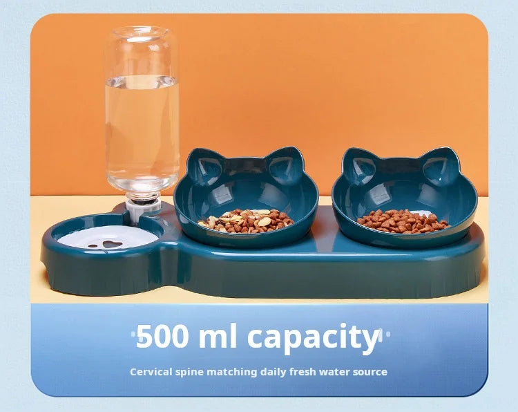 Cuencos para mascotas con alimentador de agua, diseño de oreja inclinado, juego de cuencos para agua y comida para gatos con botella de agua por gravedad para protección del cuello, 3 en 1