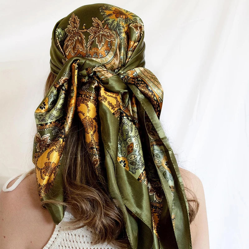 Bufanda cuadrada de satén para mujer, Hijab musulmán elegante, pañuelo de seda estampado 2025, chal, diadema, accesorios para el cabello con asa, Bandana