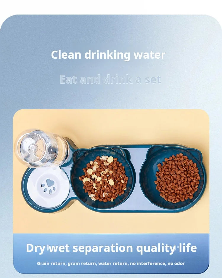 Cuencos para mascotas con alimentador de agua, diseño de oreja inclinado, juego de cuencos para agua y comida para gatos con botella de agua por gravedad para protección del cuello, 3 en 1