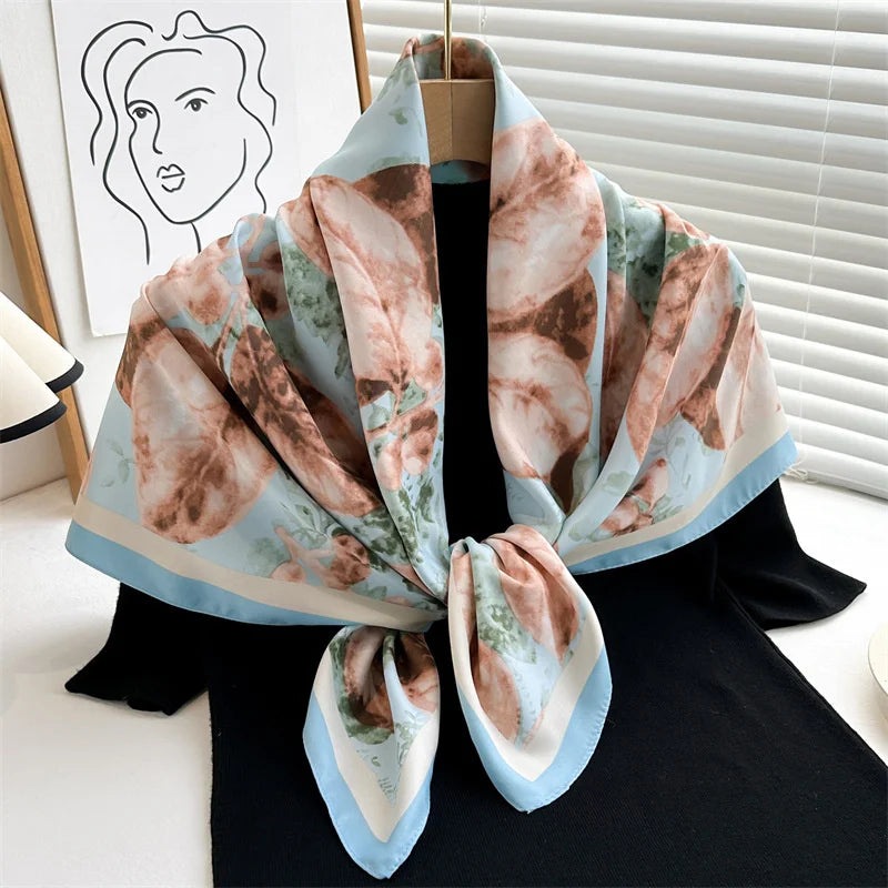 Bufanda cuadrada de 90x90Cm, sensación de sarga de seda, chales y chales para la cabeza para mujer, pañuelos para el cuello con estampado de árbol para el cabello de lujo, Hijab, Bandana Pashmina