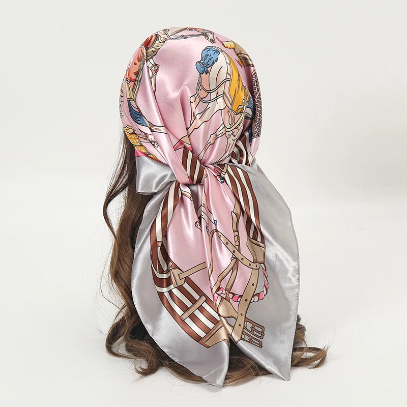 Bufanda cuadrada de satén para mujer, Hijab musulmán elegante, pañuelo de seda estampado 2025, chal, diadema, accesorios para el cabello con asa, Bandana