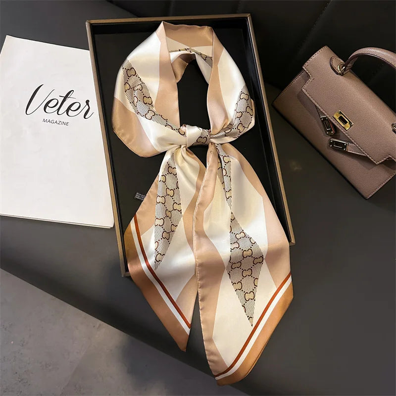 Nuevo Bufandas de seda estrechas de 14x147cm, pañuelo para camisa, patrón a cuadros de doble capa, bolso para el cuello con lazo, diadema para el pelo, pañuelo para la cabeza