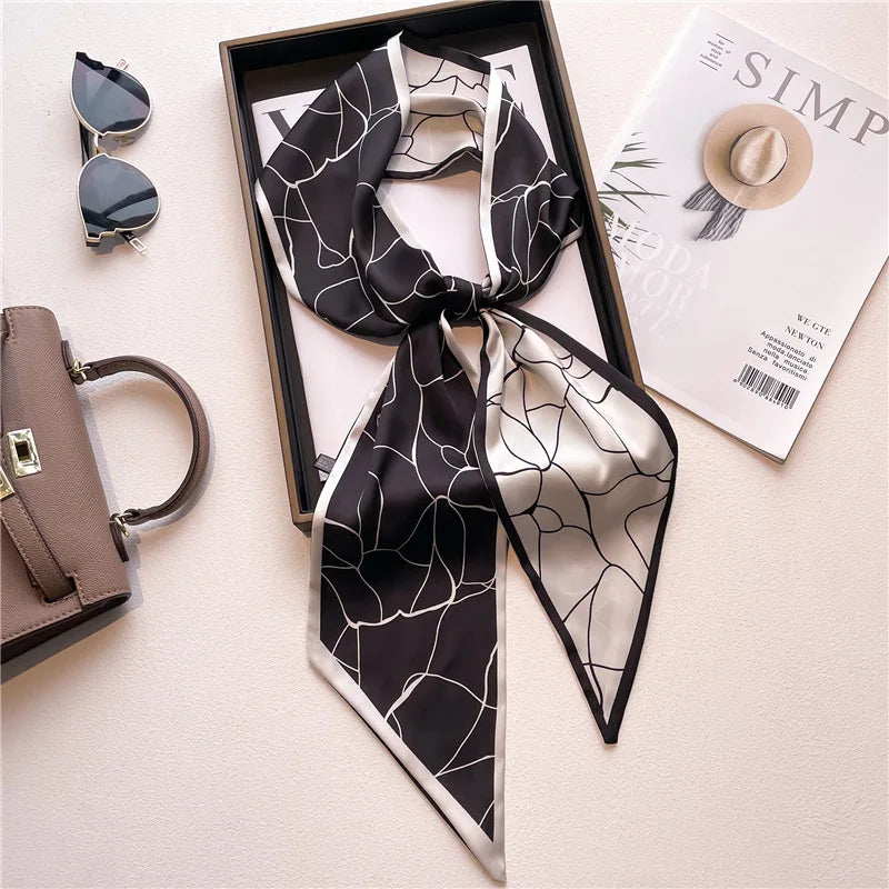 Nuevo Bufandas de seda estrechas de 14x147cm, pañuelo para camisa, patrón a cuadros de doble capa, bolso para el cuello con lazo, diadema para el pelo, pañuelo para la cabeza