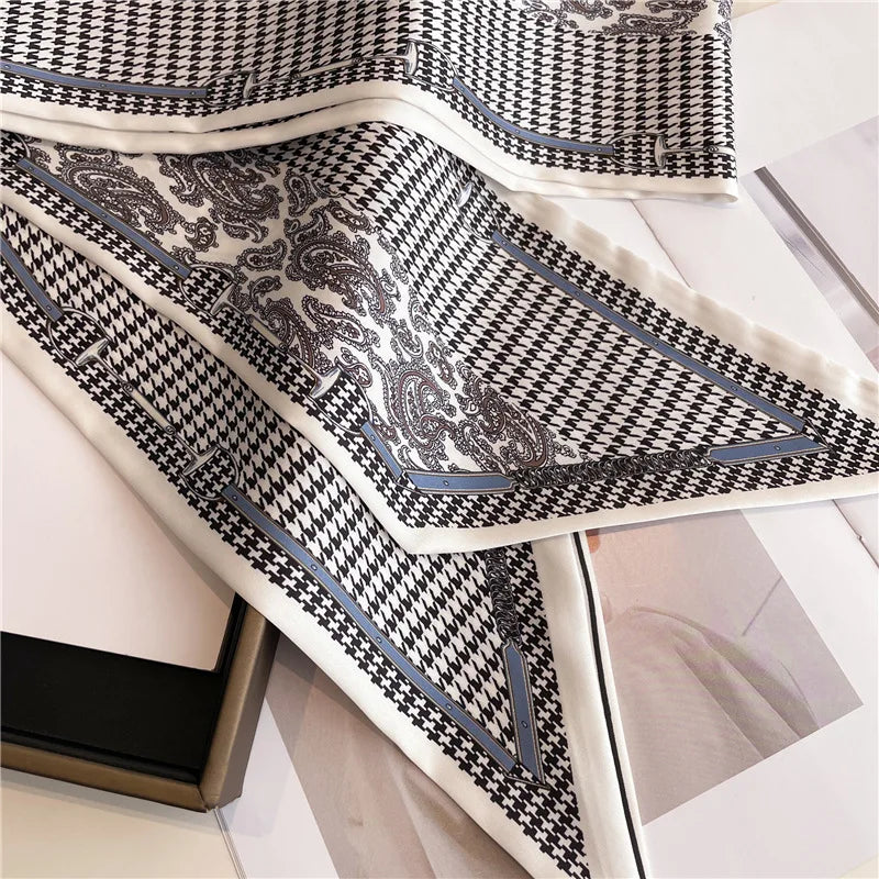 Nuevo Bufandas de seda estrechas de 14x147cm, pañuelo para camisa, patrón a cuadros de doble capa, bolso para el cuello con lazo, diadema para el pelo, pañuelo para la cabeza