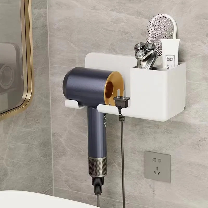 Soporte de almacenamiento para secador de pelo montado en la pared, no requiere perforación, accesorios multifuncionales para secador de pelo para baño, 1 Uds.