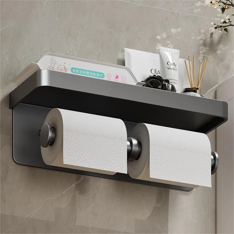 Portarrollos de papel higiénico montado en la pared, soporte grande con bandeja de almacenamiento, organizador de inodoro, soporte de teléfono, accesorios de baño