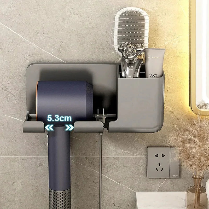 Soporte de almacenamiento para secador de pelo montado en la pared, no requiere perforación, accesorios multifuncionales para secador de pelo para baño, 1 Uds.