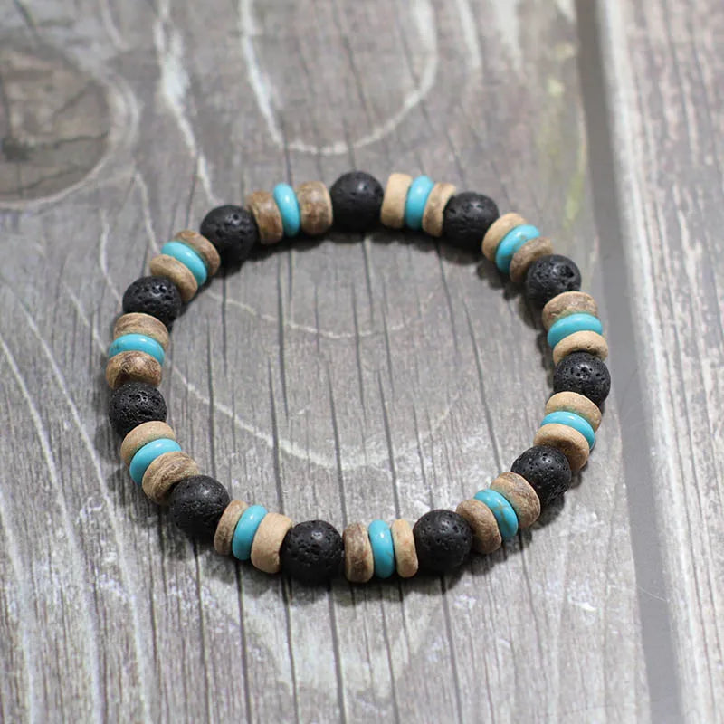 Pulsera de cuentas de madera Vintage para hombre, brazalete de piedra de obsidiana de Lava Natural, joyería de oración para meditación y Yoga, pulsera de ojo de tigre para hombre