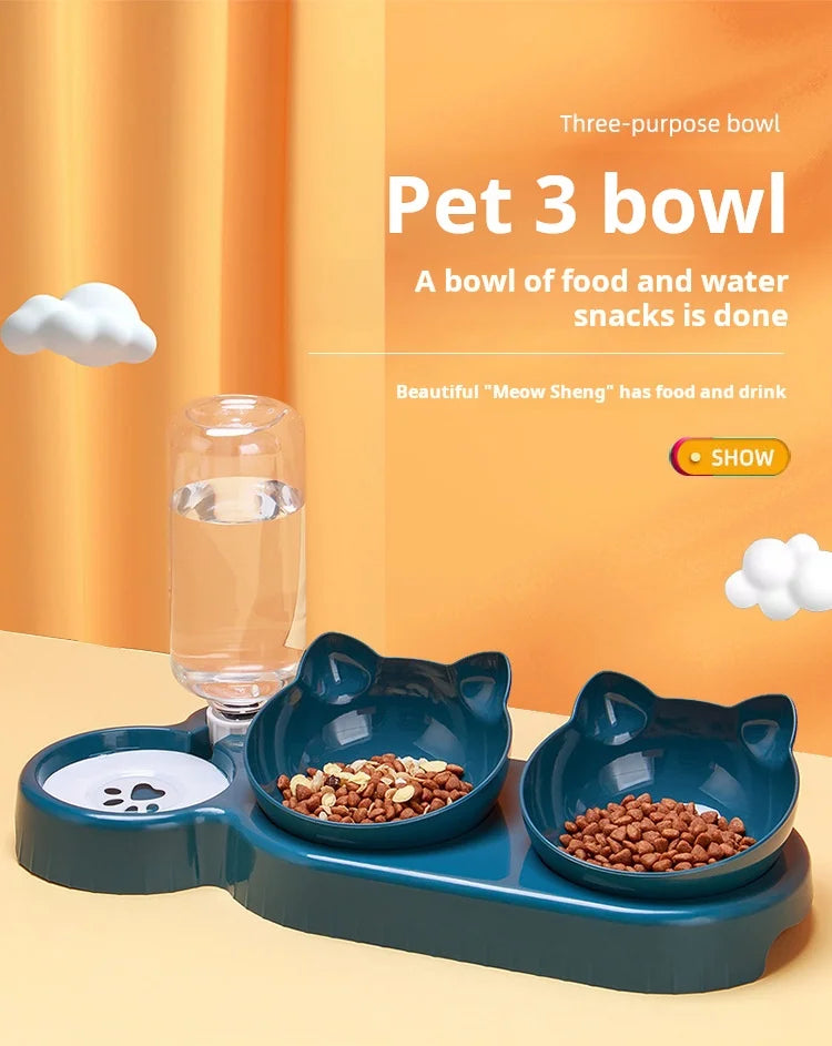 Cuencos para mascotas con alimentador de agua, diseño de oreja inclinado, juego de cuencos para agua y comida para gatos con botella de agua por gravedad para protección del cuello, 3 en 1