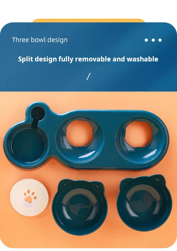 Cuencos para mascotas con alimentador de agua, diseño de oreja inclinado, juego de cuencos para agua y comida para gatos con botella de agua por gravedad para protección del cuello, 3 en 1