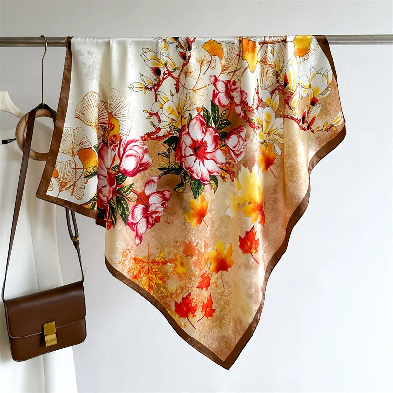 Bufanda cuadrada de 90x90Cm, sensación de sarga de seda, chales y chales para la cabeza para mujer, pañuelos para el cuello con estampado de árbol para el cabello de lujo, Hijab, Bandana Pashmina