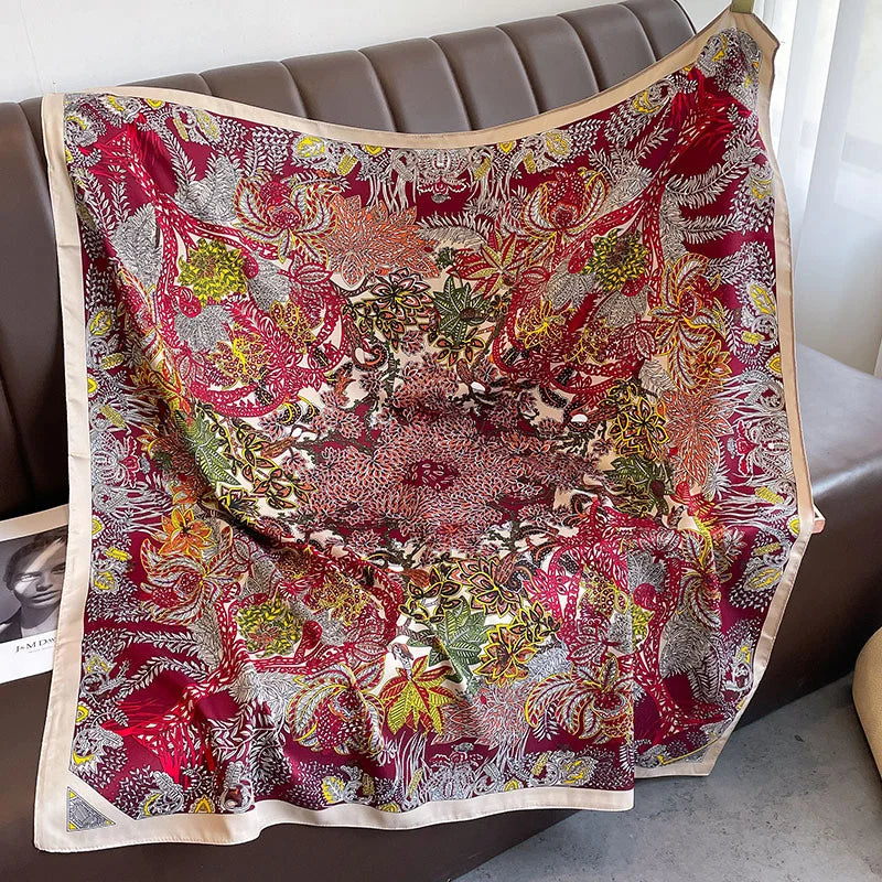 Bufanda cuadrada de 90x90Cm, sensación de sarga de seda, chales y chales para la cabeza para mujer, pañuelos para el cuello con estampado de árbol para el cabello de lujo, Hijab, Bandana Pashmina