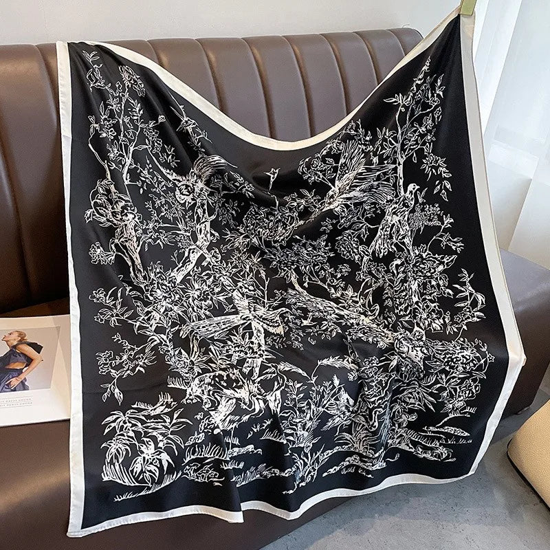 Bufanda cuadrada de 90x90Cm, sensación de sarga de seda, chales y chales para la cabeza para mujer, pañuelos para el cuello con estampado de árbol para el cabello de lujo, Hijab, Bandana Pashmina