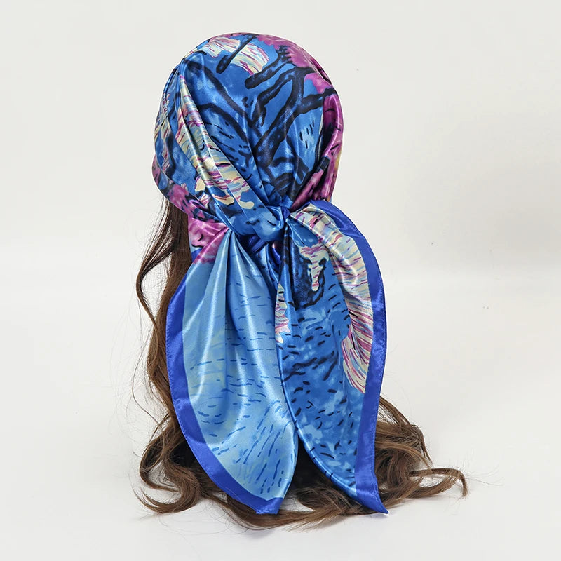 Bufanda cuadrada de satén para mujer, Hijab musulmán elegante, pañuelo de seda estampado 2025, chal, diadema, accesorios para el cabello con asa, Bandana