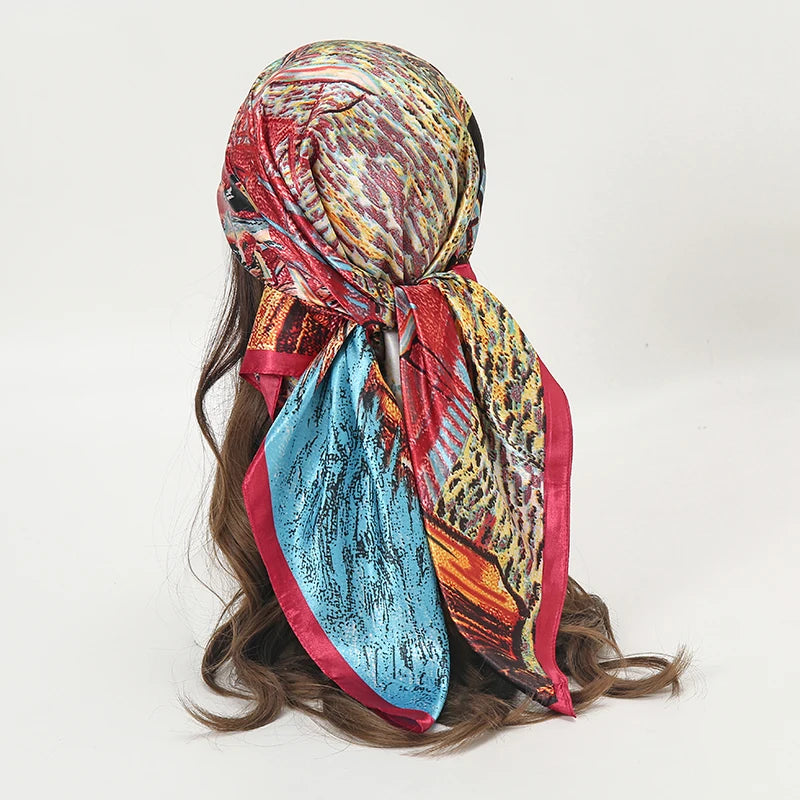 Bufanda cuadrada de satén para mujer, Hijab musulmán elegante, pañuelo de seda estampado 2025, chal, diadema, accesorios para el cabello con asa, Bandana