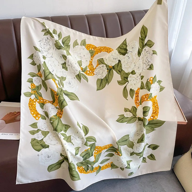 Bufanda cuadrada de 90x90Cm, sensación de sarga de seda, chales y chales para la cabeza para mujer, pañuelos para el cuello con estampado de árbol para el cabello de lujo, Hijab, Bandana Pashmina