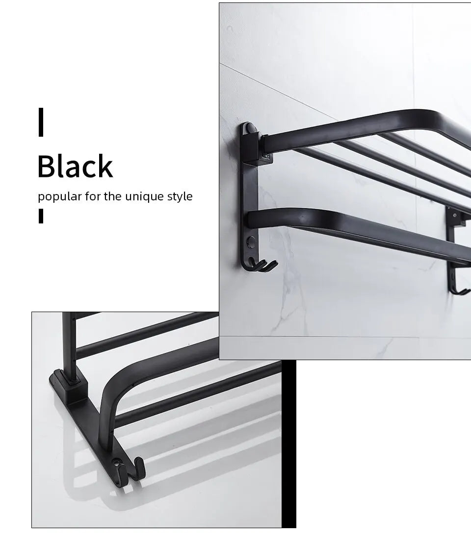 Soporte plegable negro mate de 50cm con gancho, soporte para toallas de pared, soporte para toallas de aluminio