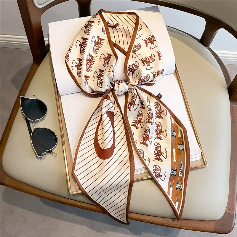 Nuevo Bufandas de seda estrechas de 14x147cm, pañuelo para camisa, patrón a cuadros de doble capa, bolso para el cuello con lazo, diadema para el pelo, pañuelo para la cabeza