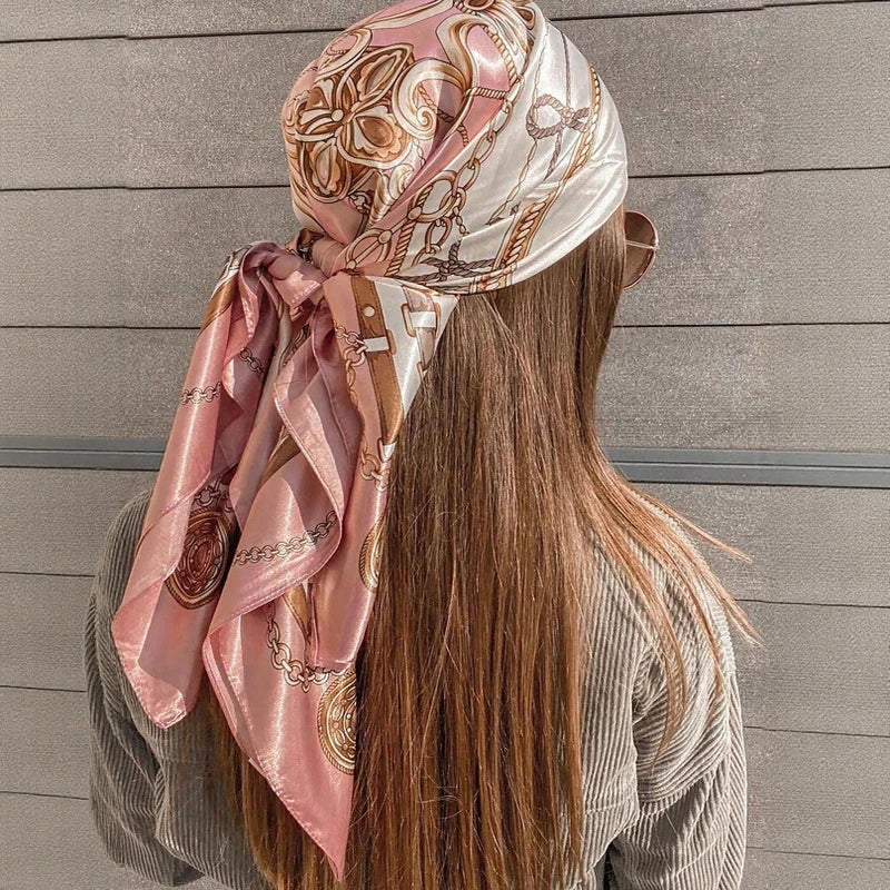 Bufanda cuadrada de satén para mujer, Hijab musulmán elegante, pañuelo de seda estampado 2025, chal, diadema, accesorios para el cabello con asa, Bandana