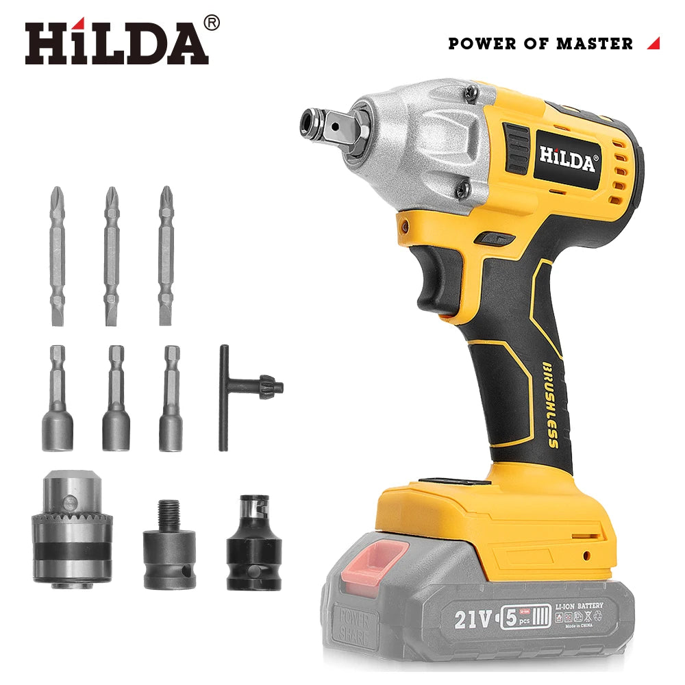 HILDA-llave eléctrica sin escobillas con batería de iones de litio de 1/2 pulgadas, herramientas eléctricas inalámbricas para batería Makita de 18V con luz Led