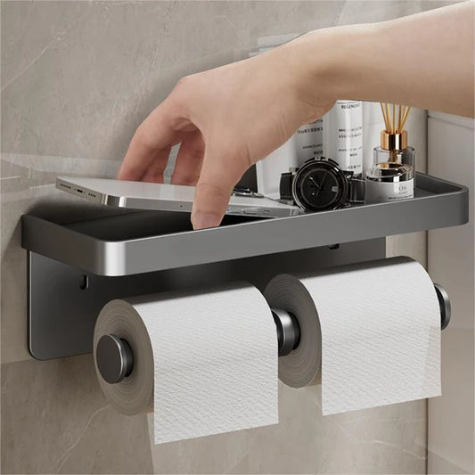Portarrollos de papel higiénico montado en la pared, soporte grande con bandeja de almacenamiento, organizador de inodoro, soporte de teléfono, accesorios de baño