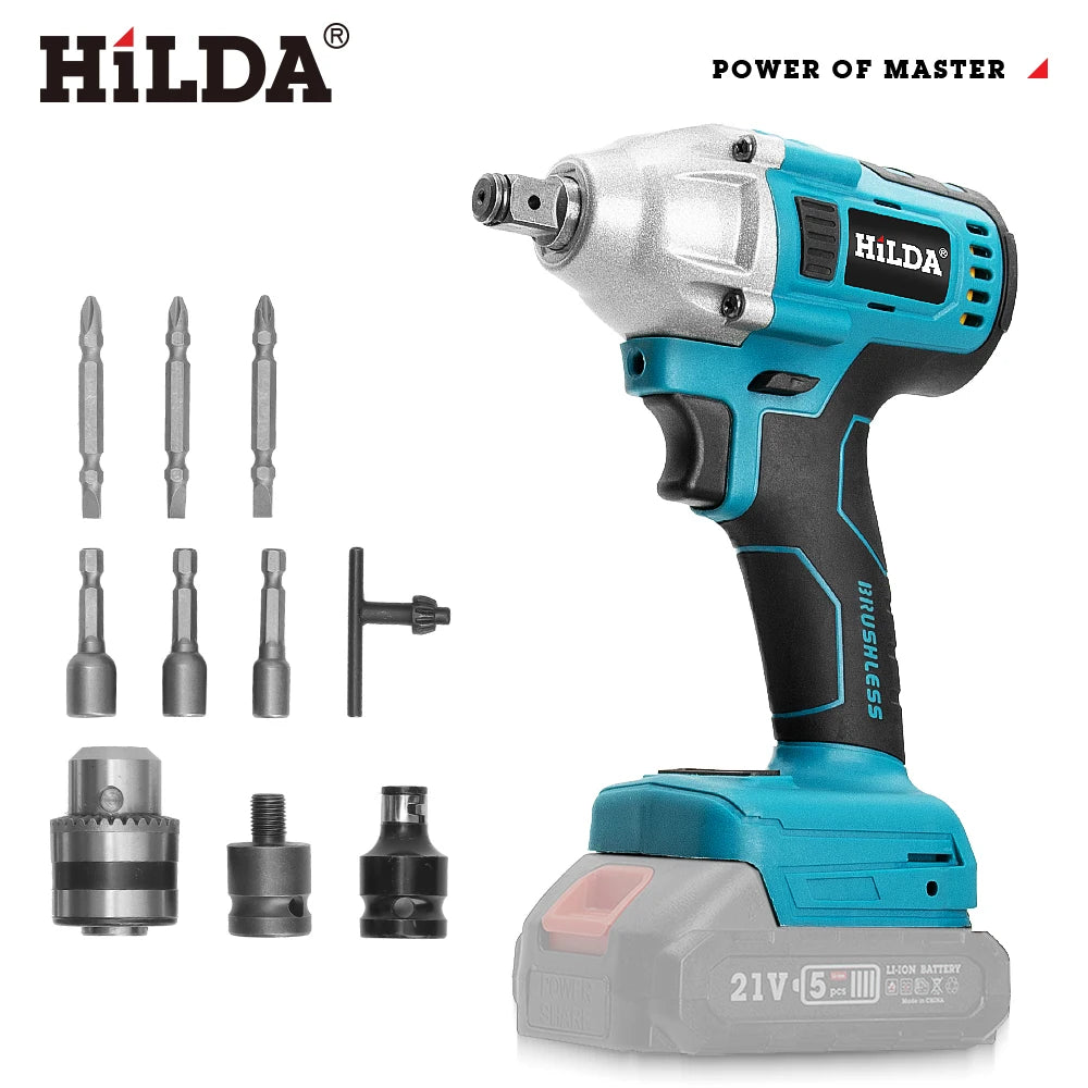 HILDA-llave eléctrica sin escobillas con batería de iones de litio de 1/2 pulgadas, herramientas eléctricas inalámbricas para batería Makita de 18V con luz Led