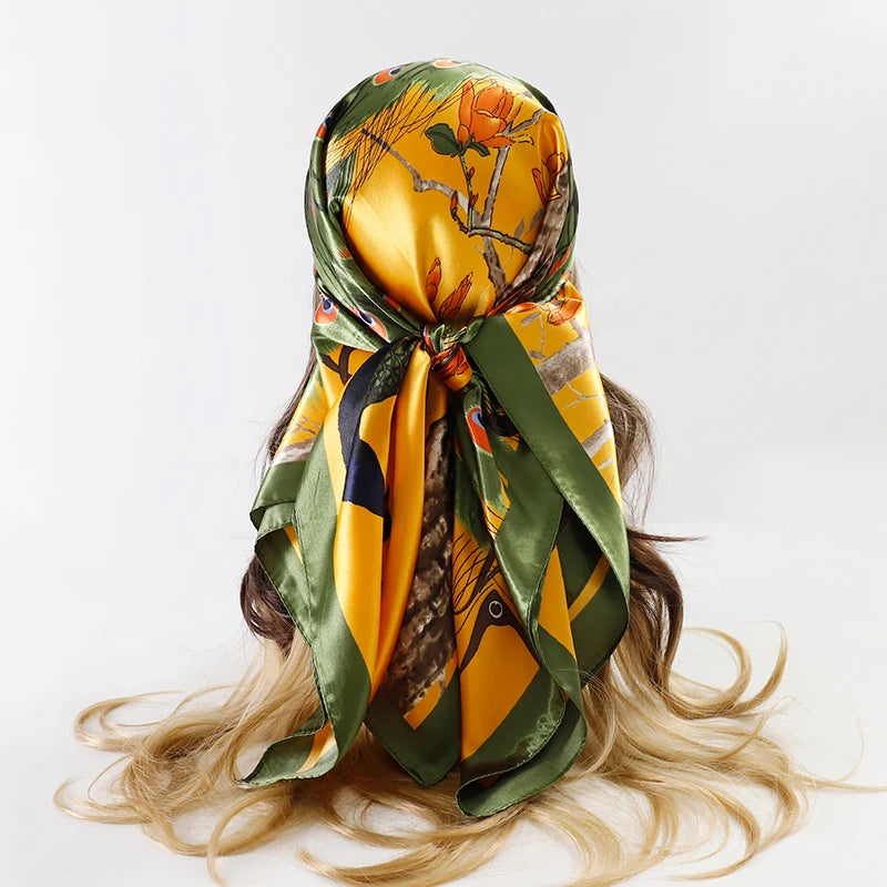 Bufanda cuadrada de satén para mujer, Hijab musulmán elegante, pañuelo de seda estampado 2025, chal, diadema, accesorios para el cabello con asa, Bandana