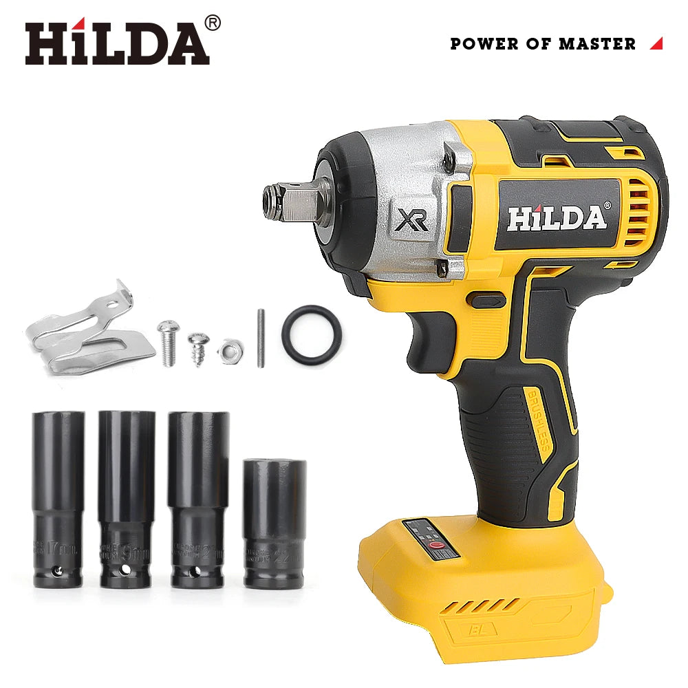 HILDA-llave eléctrica sin escobillas con batería de iones de litio de 1/2 pulgadas, herramientas eléctricas inalámbricas para batería Makita de 18V con luz Led