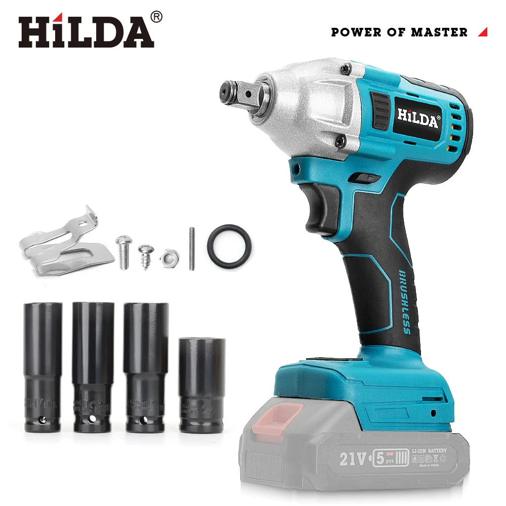HILDA-llave eléctrica sin escobillas con batería de iones de litio de 1/2 pulgadas, herramientas eléctricas inalámbricas para batería Makita de 18V con luz Led