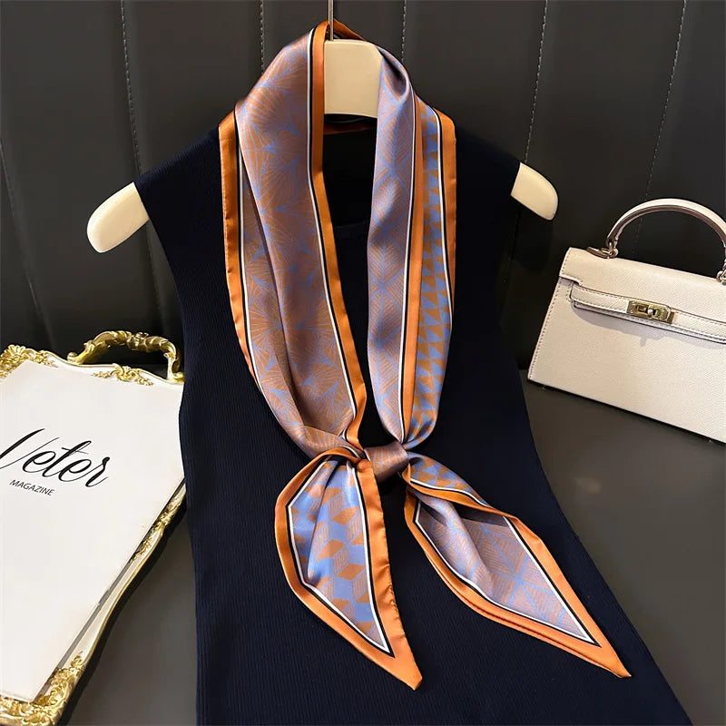 Nuevo Bufandas de seda estrechas de 14x147cm, pañuelo para camisa, patrón a cuadros de doble capa, bolso para el cuello con lazo, diadema para el pelo, pañuelo para la cabeza