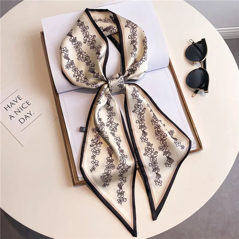 Nuevo Bufandas de seda estrechas de 14x147cm, pañuelo para camisa, patrón a cuadros de doble capa, bolso para el cuello con lazo, diadema para el pelo, pañuelo para la cabeza