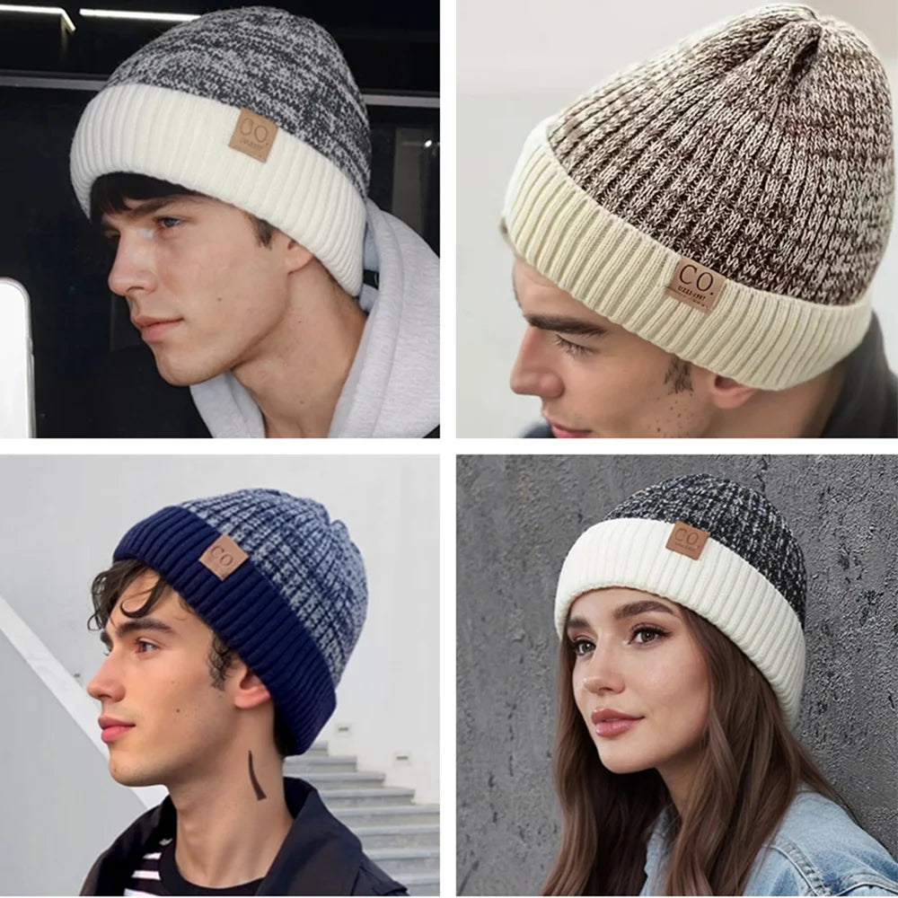Nuevos sombreros de invierno Unisex de dos tonos, añaden forro de piel, gorro cálido a la moda para hombres y mujeres, gorros tejidos informales para invierno