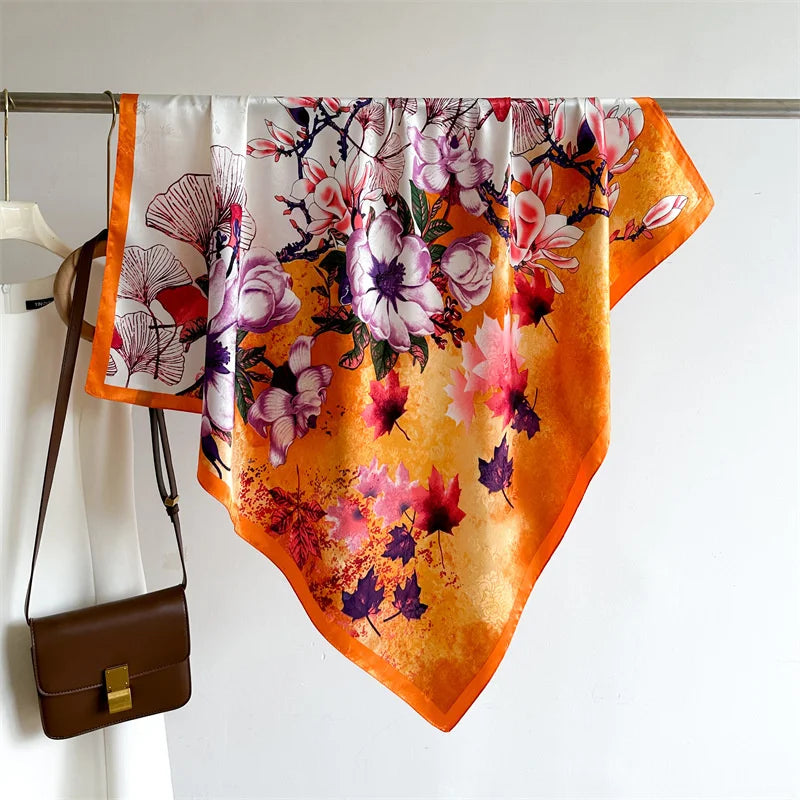 Bufanda cuadrada de 90x90Cm, sensación de sarga de seda, chales y chales para la cabeza para mujer, pañuelos para el cuello con estampado de árbol para el cabello de lujo, Hijab, Bandana Pashmina